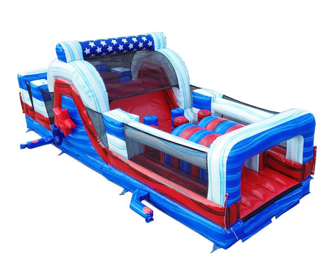 30' Red White and Blue Marble Inflatable Obstacle Course with Blower
