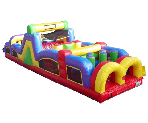 Bright 40-foot inflatable obstacle course rental with colorful arches, pop-up pillars, and mesh windows