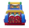 Image of Dual-lane inflatable obstacle course slide with bright rainbow colors and mesh top for added safety