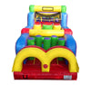 Image of Front view of inflatable obstacle course rental featuring dual entry arches and green pop-up challenge pillars