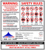 Image of Safety rules label for inflatable obstacle course outlining supervision, setup, and operation guidelines for safe play