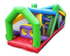 Image of Front entry view of 30' Retro Radical Run Extreme inflatable obstacle course rental with crawl-through openings