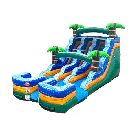 15' Green Tropical Marble Double Bay Wet/Dry Inflatable Slide with Blower