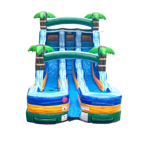 15' Green Tropical Marble Double Bay Wet/Dry Inflatable Slide with Blower