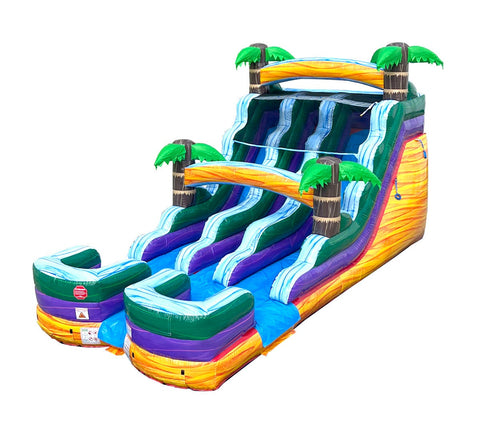 15' Yellow Tropical Marble Double Bay Wet/Dry Inflatable Slide with Blower