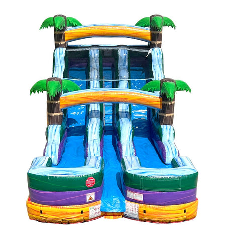 15' Yellow Tropical Marble Double Bay Wet/Dry Inflatable Slide with Blower