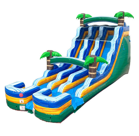 18' Tall Green Tropical Marble Double Bay Wet/Dry Inflatable Slide with Blower