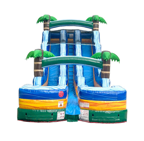 18' Tall Green Tropical Marble Double Bay Wet/Dry Inflatable Slide with Blower
