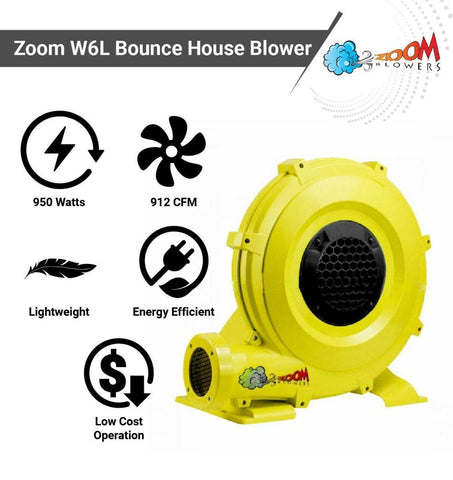 Zoom W6L 1.25 HP Backyard Inflatable Bounce House Blower – 950W Under 9 Amp Specs Infographic